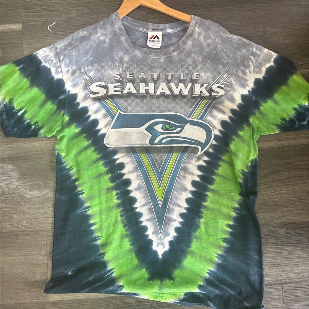 Vintage 90’s Seattle Seahawks Tie-Dye V-Shade  double sideTee Blue &. Green LG